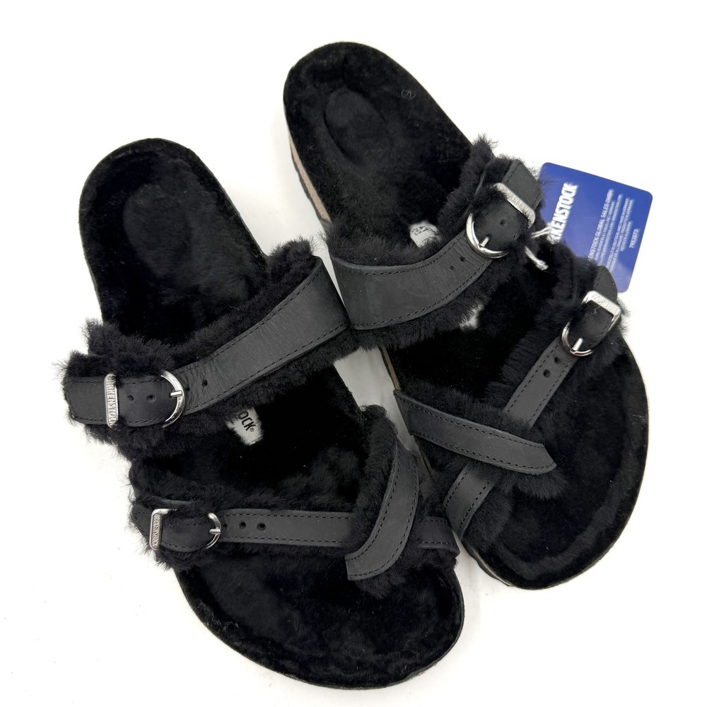 Birkenstock Mayari Sandals Black Shearling Lined Leather Toe Women 41 / 10